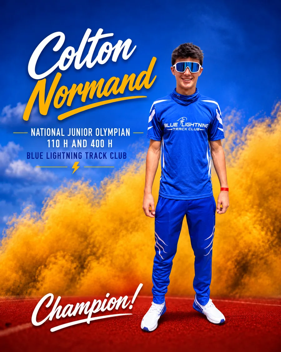 National Junior Olympian Colton Normand in the 110m and 400m hurdles, Blue Lightning Track Club