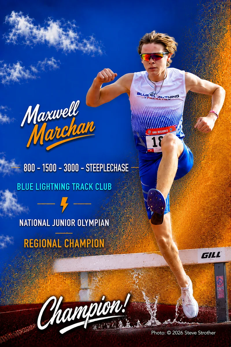Blue Lightning National Junior Olympian and Regional Champion Maxwell Marchan clearing the steeplechase water barrier